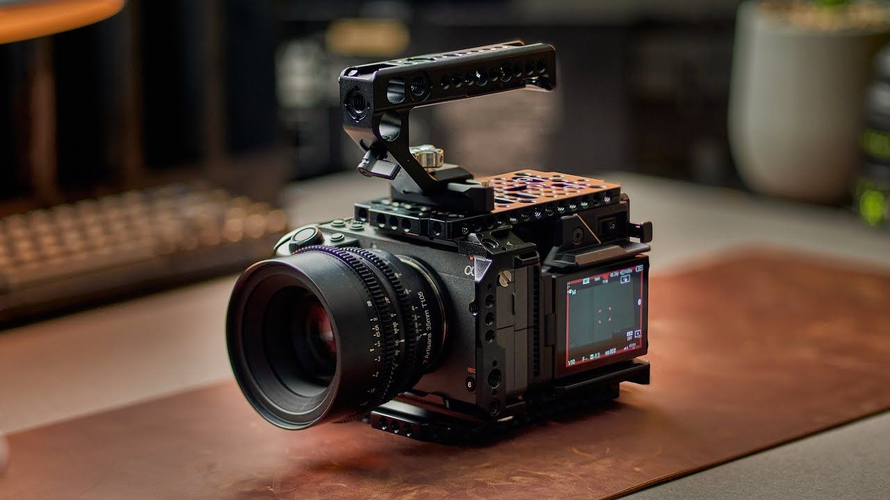 Sony FX3A cinema camera, rigged with a top handle and cine lens